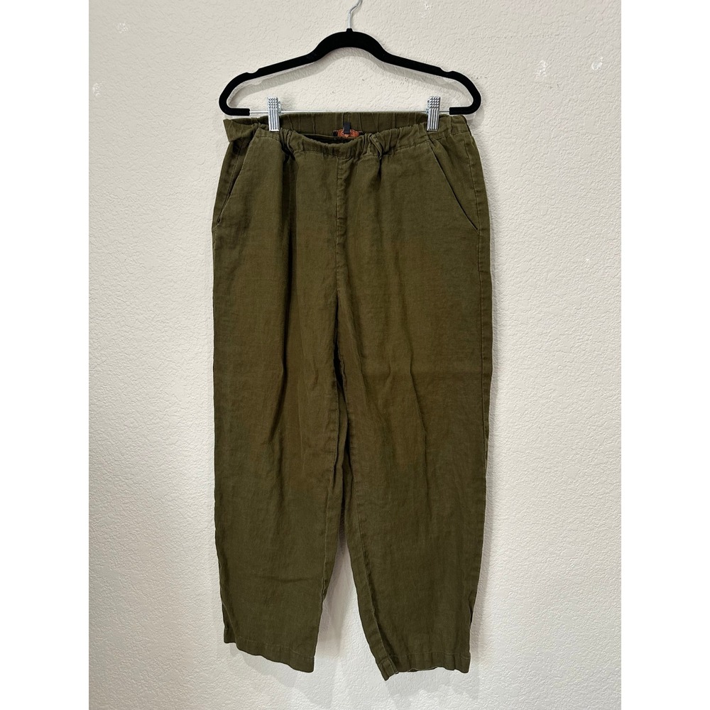 Quince European Linen Pants Olive Green Elastic Waist Tapered Leg Womens Medium
